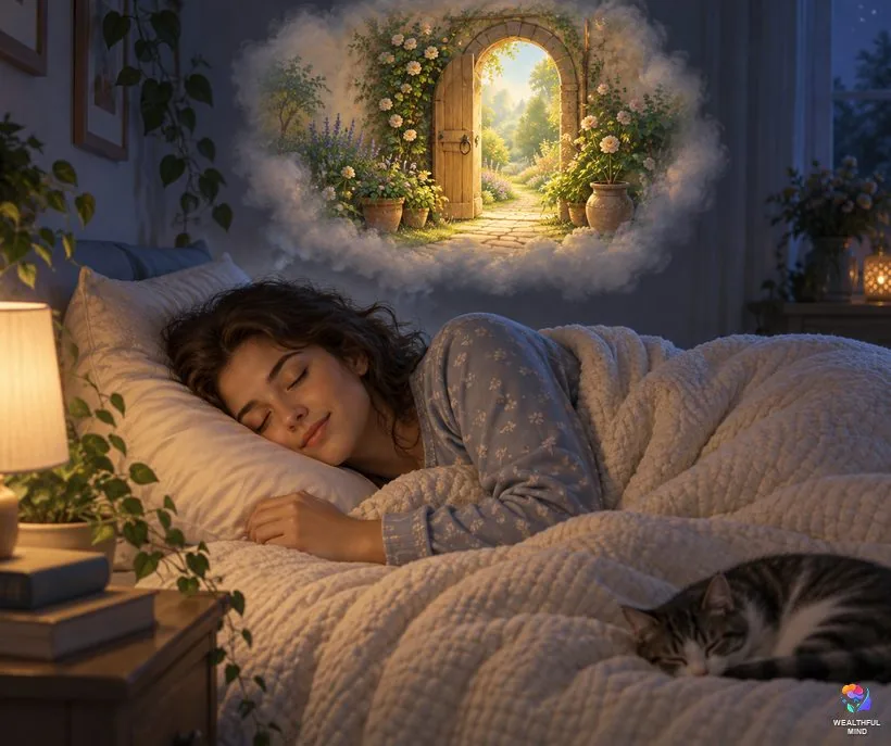 Does the Alice in Wonderland method work: a young woman sleeping peacefully while a dream of a garden through a little door floats above her
