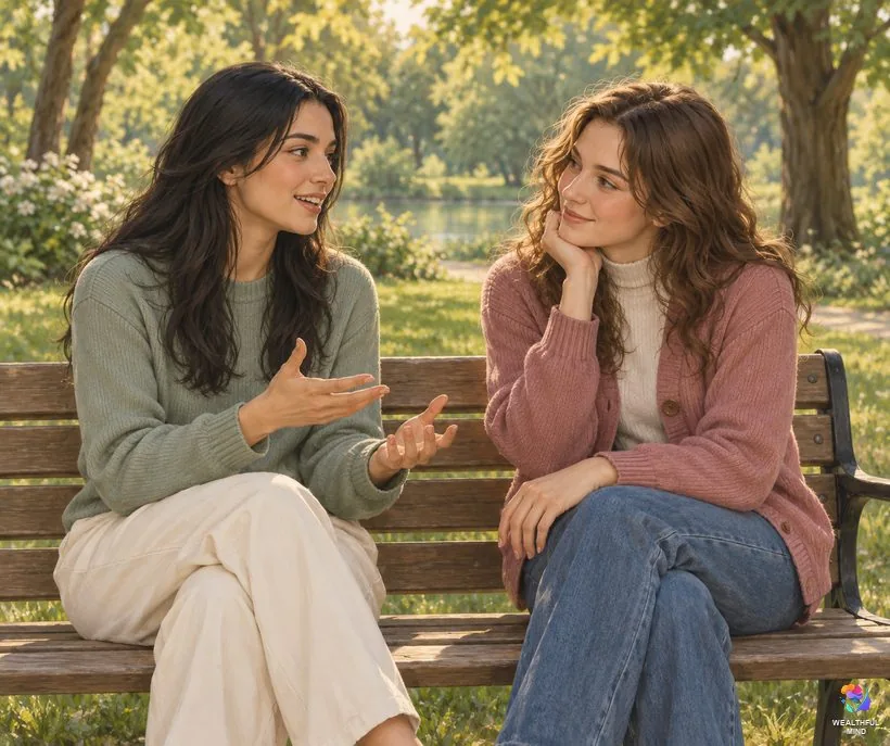 When part of you doesn't want to come back from shifting: two friends talking on a park bench