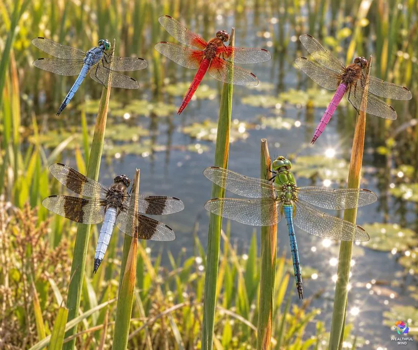 Dragonfly colors and meaning: blue, red, pink, white and green dragonflies perched on reeds in a marsh
