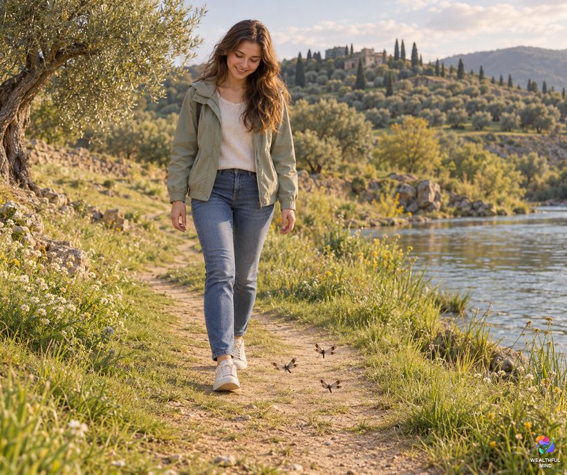 Dragonfly following you: small dragonflies flying low in front of a young woman on a riverside path