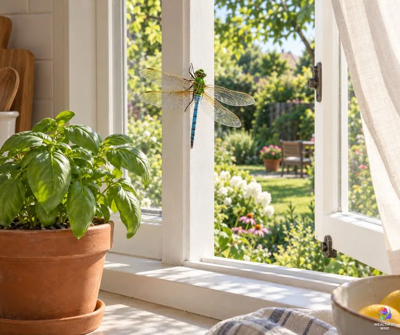 Dragonfly in your house: a green darner resting on an open kitchen window frame with the garden outside
