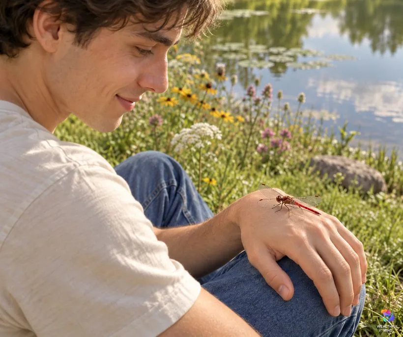 Dragonfly landing on you: a red meadowhawk perched on the back of a young man's hand beside a pond
