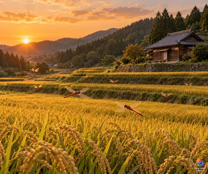 Dragonfly meaning in different cultures: red dragonflies over golden rice fields in rural Japan at sunset