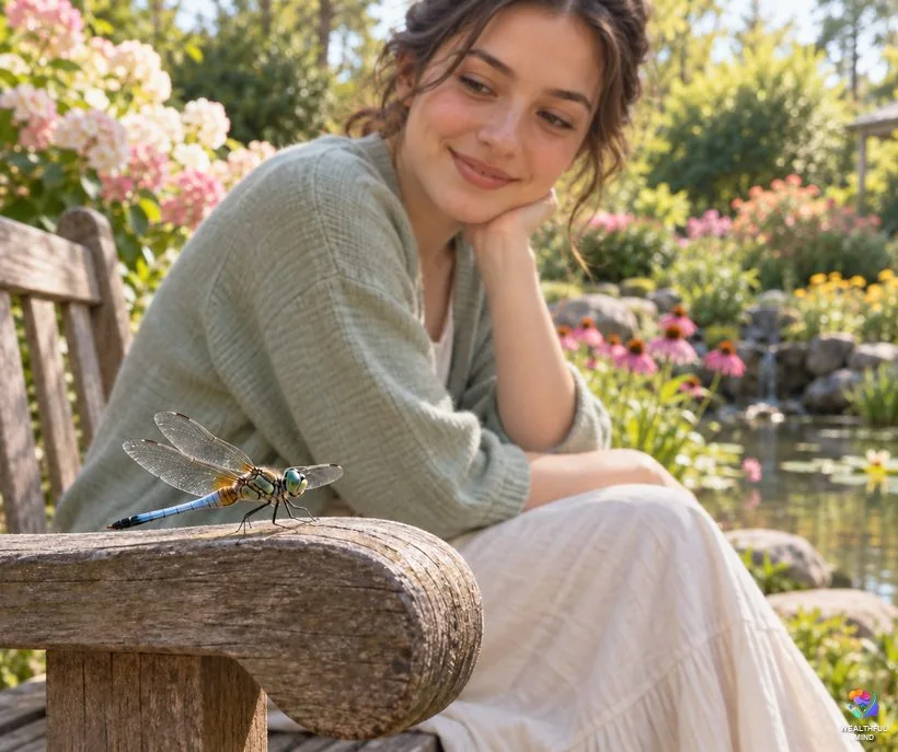 Dragonfly sign from a loved one: a young woman on a garden bench smiling at a blue dragonfly beside her