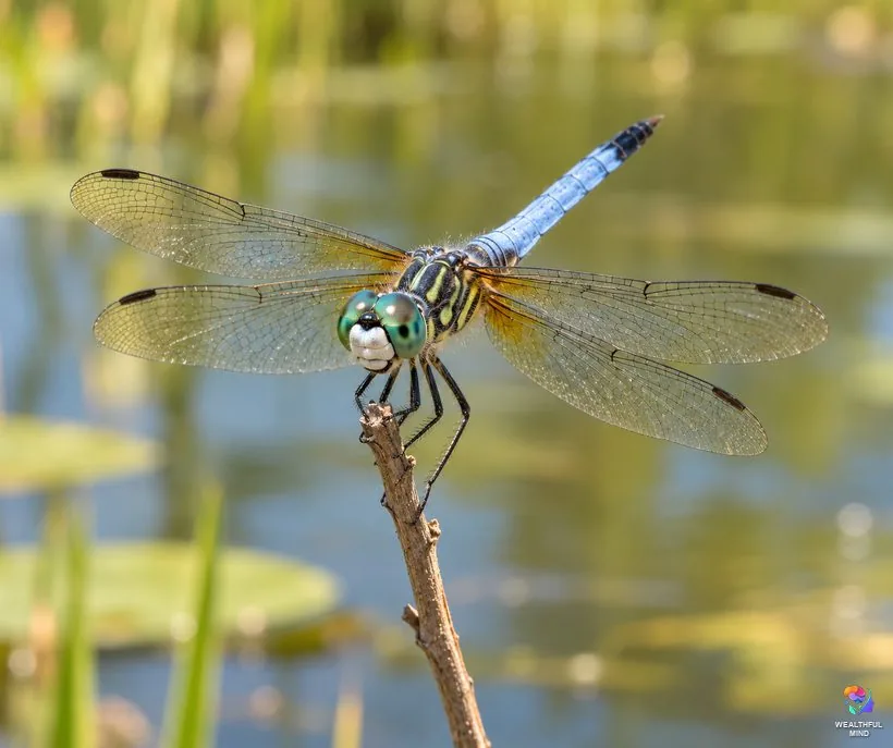 Dragonfly spirit animal: a blue dasher on a twig tip with its large green eyes catching the light