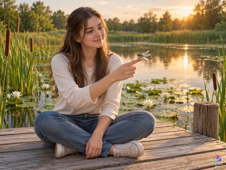 Dragonfly spiritual meaning: a young woman on a pond dock smiling at a blue dragonfly on her finger