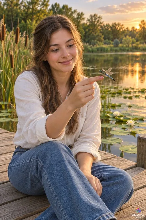 Dragonfly spiritual meaning: a blue dragonfly resting on a young woman's fingertip by a calm pond