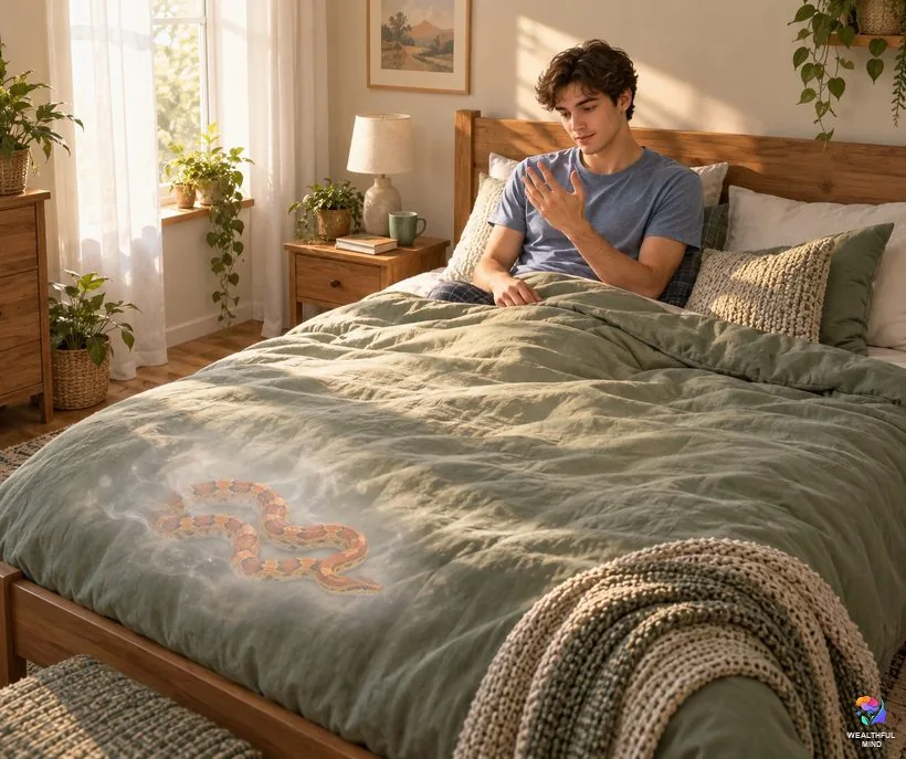 Dreaming of a snake biting you: a young man calmly checking his unhurt hand as a faint corn snake rests on the bed