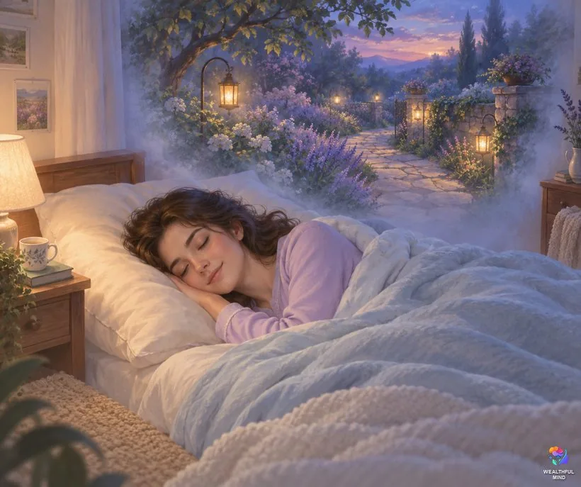 Dreaming about biting your tongue: a young woman asleep on her side with a soft, misty dream of a garden path above her