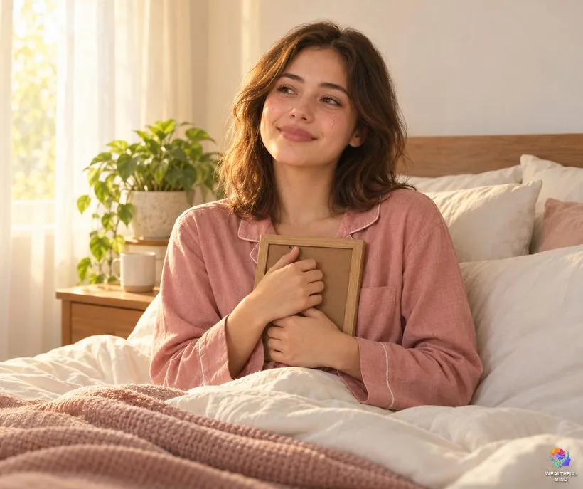 Dreaming of someone who died: a young woman waking in morning light, smiling and holding a photo frame to her chest