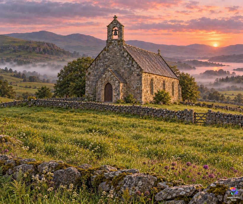 Ear ringing folklore: misty hills in south-west Scotland with a small stone church and its bell at dusk