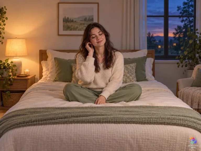 Ear ringing spiritual meaning: a young woman listening calmly on her bed at dusk, a lamp glowing beside her