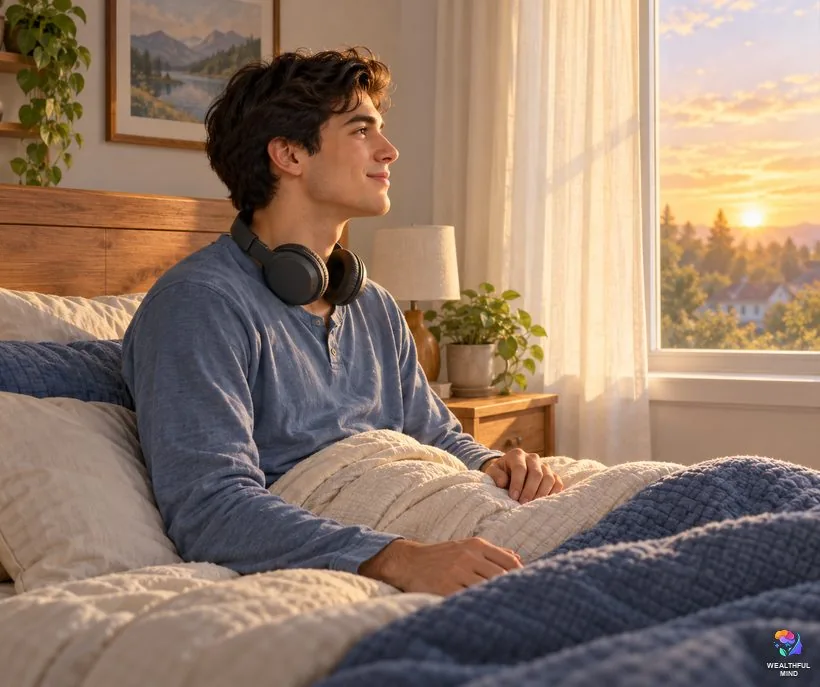 When the Estelle method doesn't work: a young man sitting up in bed at sunrise with headphones around his neck, smiling patiently