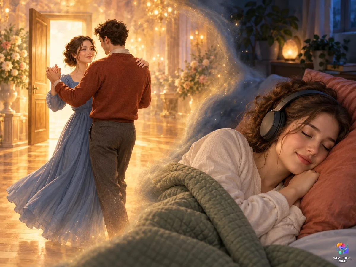 Estelle method shifting: a young woman asleep with headphones beside her dream of a slow dance and a door of white light