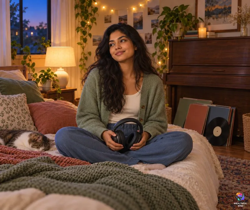 Choosing a song for the Estelle method: a young woman on her bed with headphones, deciding on her shifting song
