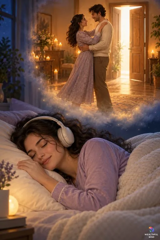 Estelle method shifting: a young woman with headphones in bed, dreaming of a slow dance beside a door of white light