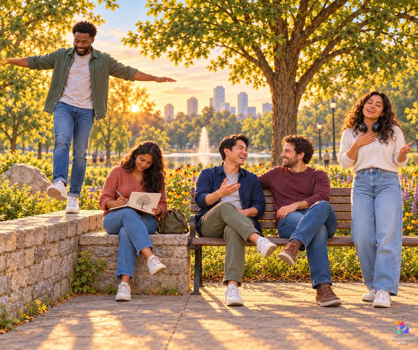 Examples of innate abilities in mind and body: friends in a park balancing, sketching, chatting and singing