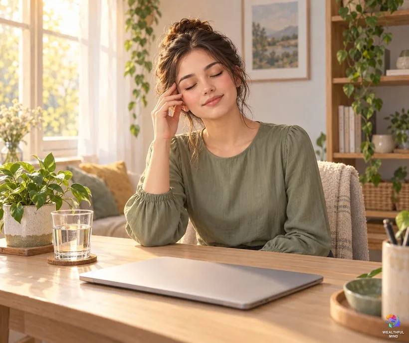Eyelid twitch that will not stop: a young woman resting her eyes at a desk with her laptop closed