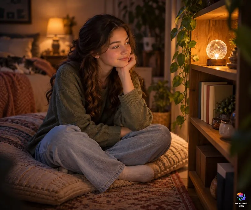 Eyes open shifting method: a teenager gazing softly at one small crystal on a shelf while the room around it blurs