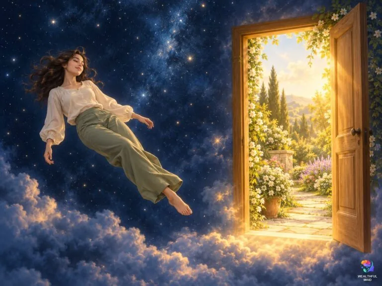 Falling method shifting: a young woman drifting gently down through the dark toward a glowing door to her desired reality