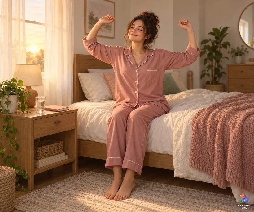 When the falling method doesn't work: a young woman sitting on her bed at sunrise with a patient smile