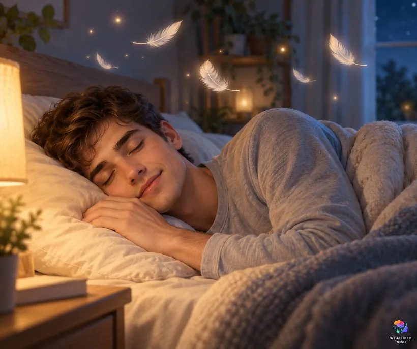 What you might feel during the falling method: a young man resting with eyes closed as feathers drift in the air above him