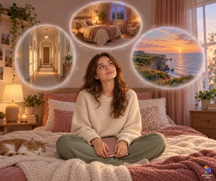 Three versions of the falling method: a young woman on her bed imagining a hall and door, a bedroom and a sea cliff