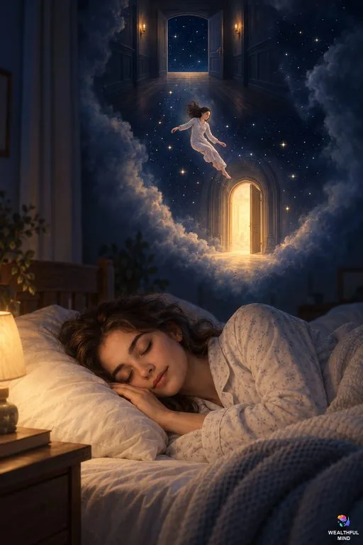 Falling method shifting: a young woman asleep as a dream of her drifting down through a door toward a glowing second door rises above her
