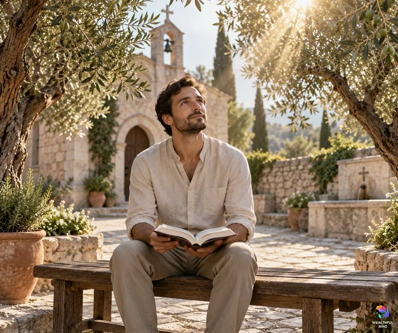 Fate in the Bible: a young man reflecting with an open book in a sunlit chapel courtyard