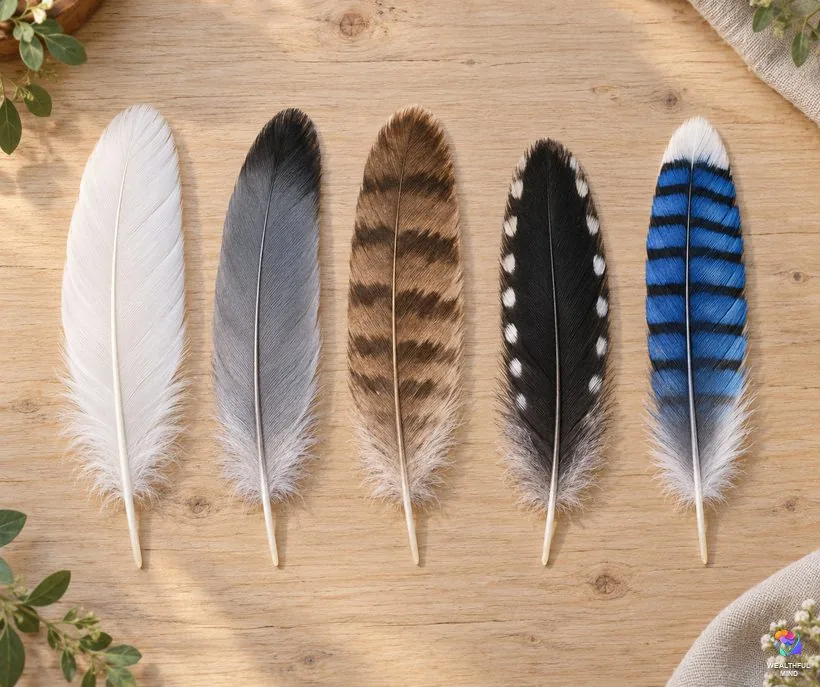 Feather colors and meanings: white, gray, brown, black and white, and blue jay feathers laid in a row on a table