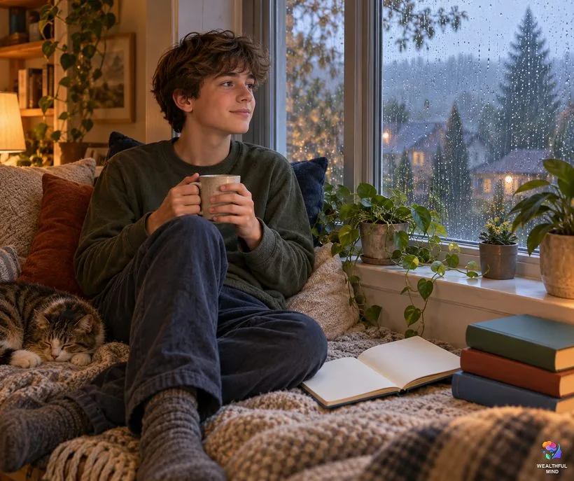 Feel pulled back while shifting: a teenager taking a calm break by a rainy window with a warm drink and his notebook