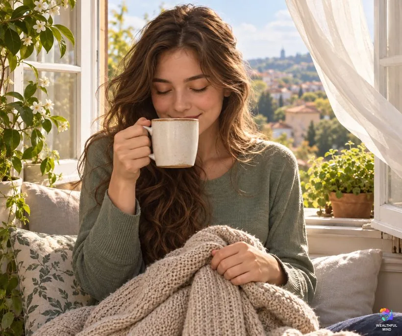 Feel your way in: a young woman with closed eyes smelling tea and feeling a breeze to shift without visualizing