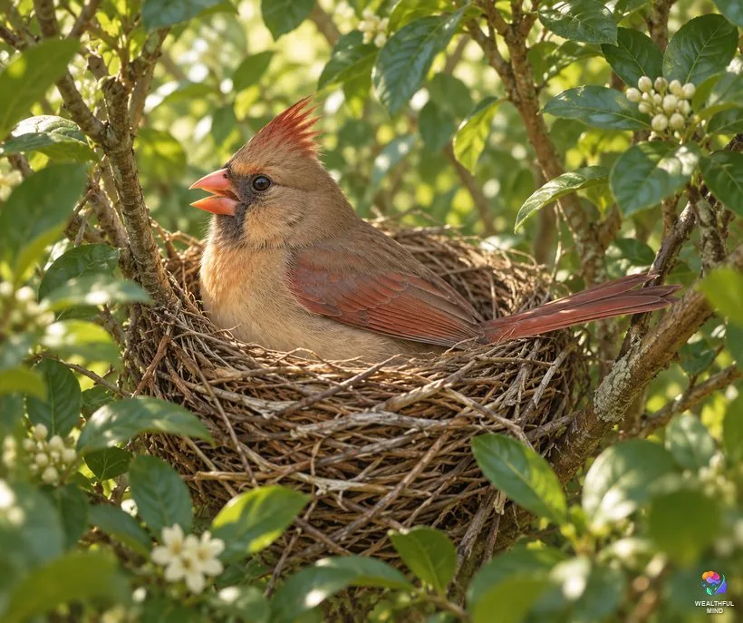 Female cardinal meaning: a brown female cardinal with a red-tinged crest singing from her nest in a shrub