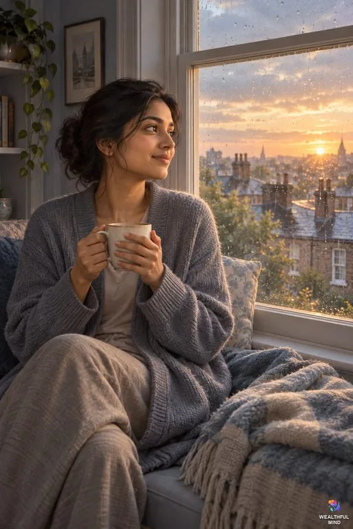Find strength when life gets hard: a tired young woman holding a warm mug at a window as dawn light breaks after rain