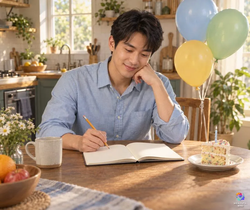 Find your angel number from your birth date: a young man works out his life path number beside a slice of birthday cake