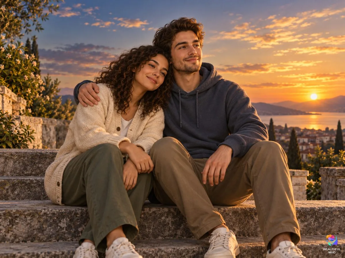Finding strength and hope in difficult times: two friends sitting close together on steps at sunset