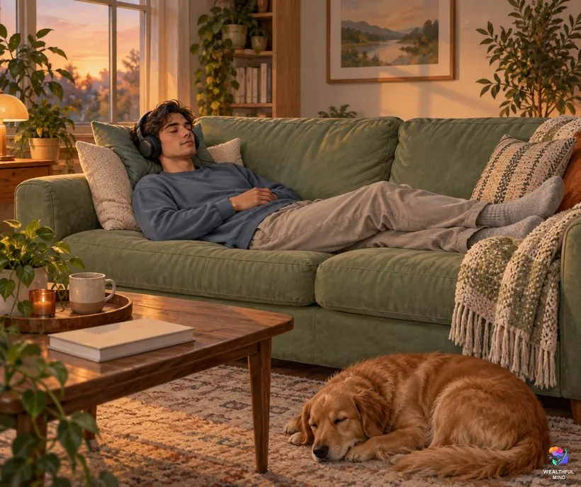 Focus 10 shifting: a young man lying still and relaxed on a sofa with headphones on, calm and quietly alert