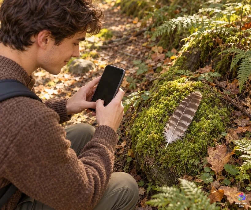 Found an owl feather: a young man photographing a barred owl feather on moss instead of picking it up