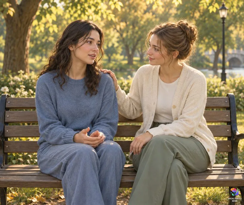 If a friend says they are permashifting: two friends on a park bench, one listening carefully with a hand on the other's shoulder