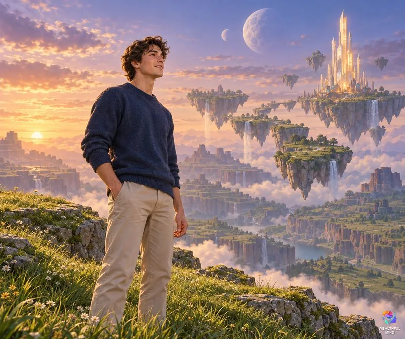 Game world desired reality: a young man on a cliff looking over floating islands and a crystal tower in a fantasy game world
