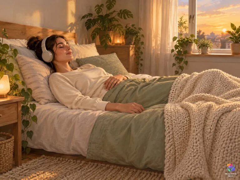 Gateway tapes: a young woman lying calmly on her bed at dusk wearing over-ear headphones