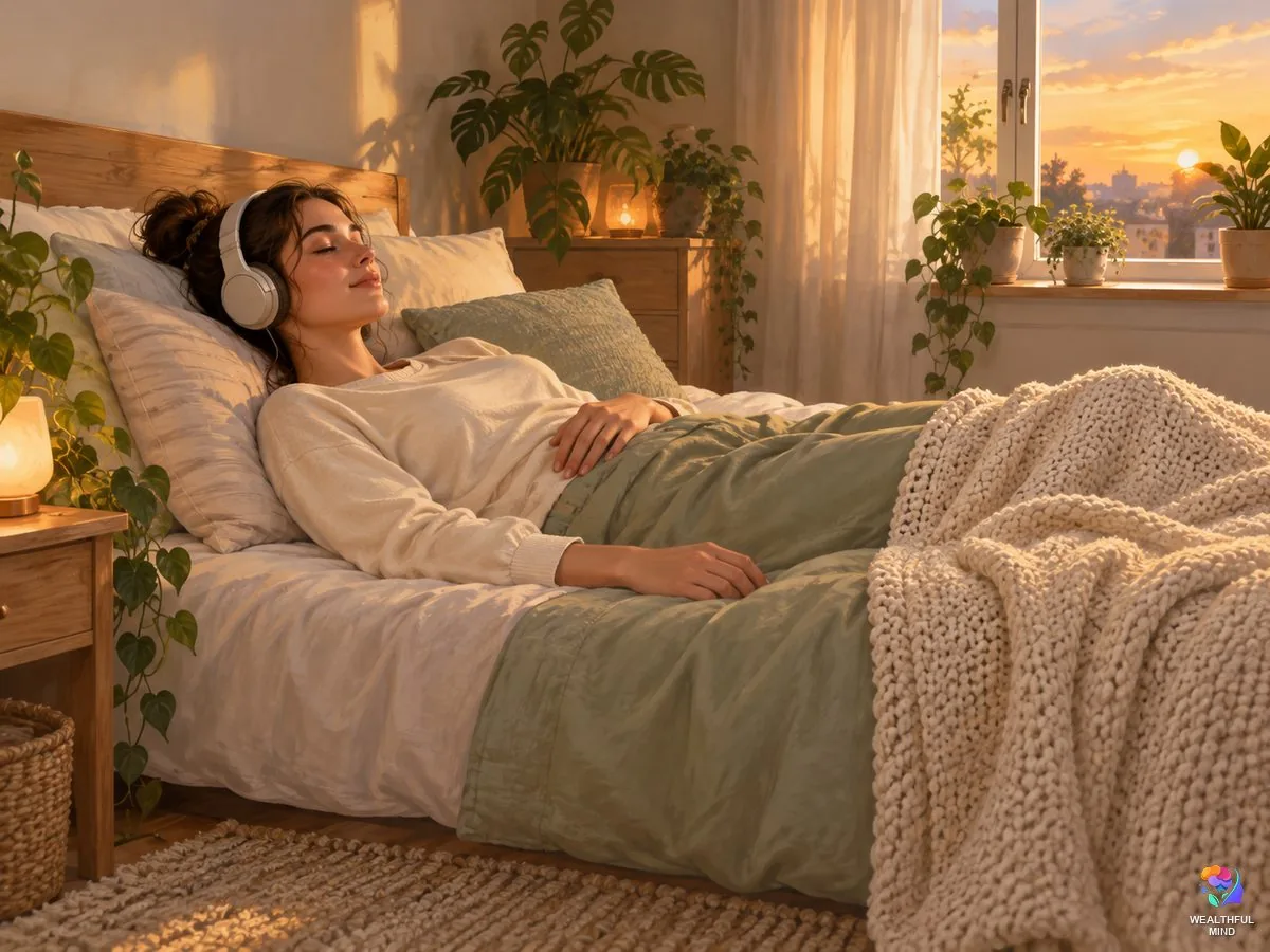 Gateway tapes: a young woman lying calmly on her bed at dusk wearing over-ear headphones