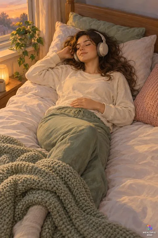 Gateway tapes shifting: a young woman relaxing on her bed at dusk with over-ear headphones on, eyes closed
