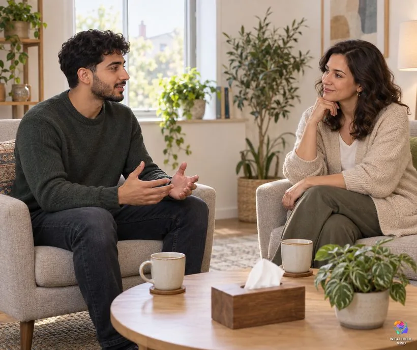Getting help when life is more than a hard time: a young man talking with a kind counsellor over tea