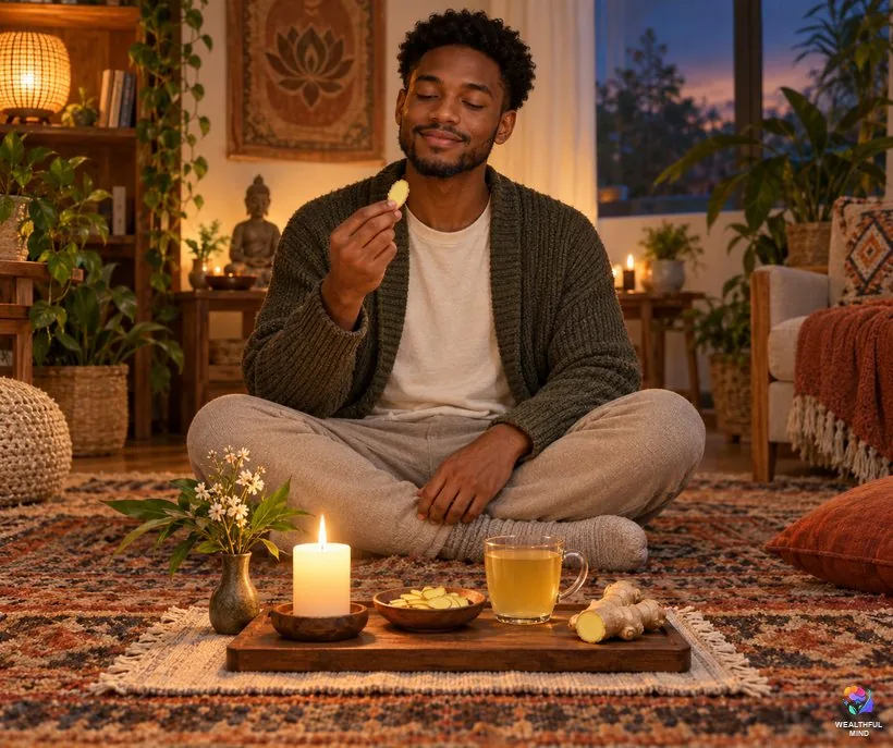 Ginger for energy before a ritual: a young man with a slice of fresh ginger and ginger tea at a candlelit altar