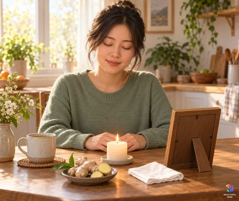 Ginger in healing spells: a young woman sending healing thoughts beside a white candle and a piece of fresh ginger