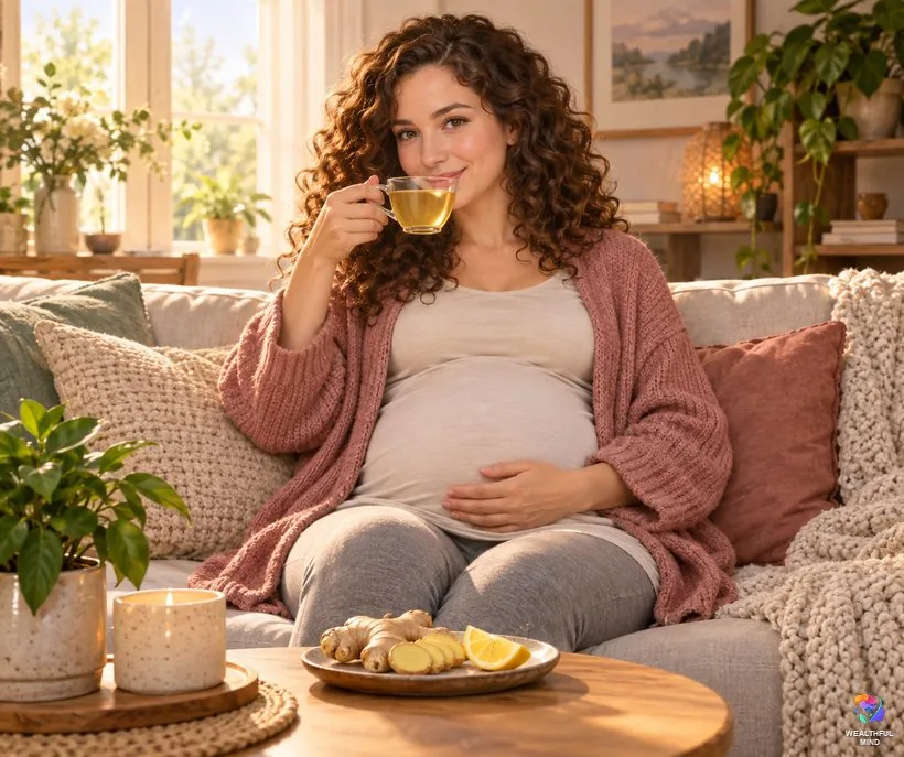 What ginger does for your body: a young pregnant woman sipping ginger tea with fresh ginger slices beside her