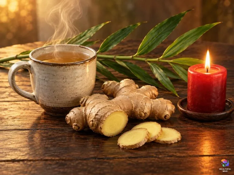 Spiritual meaning of ginger: a fresh ginger root with slices, ginger leaves, a red candle and ginger tea glowing with warmth