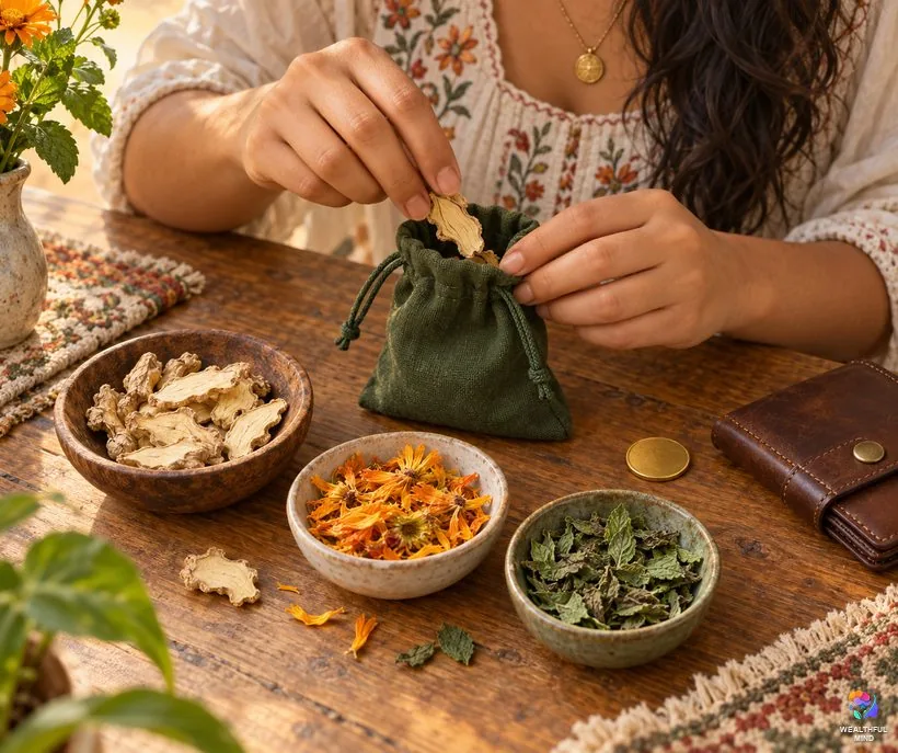 Ginger for money: hands filling a green pouch with dried ginger, calendula petals, mint leaves and a coin