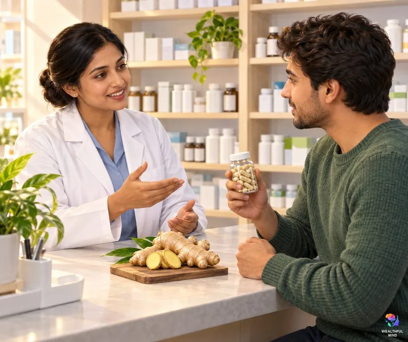 Who should be careful with ginger: a pharmacist advising a young man holding ginger capsules at the counter